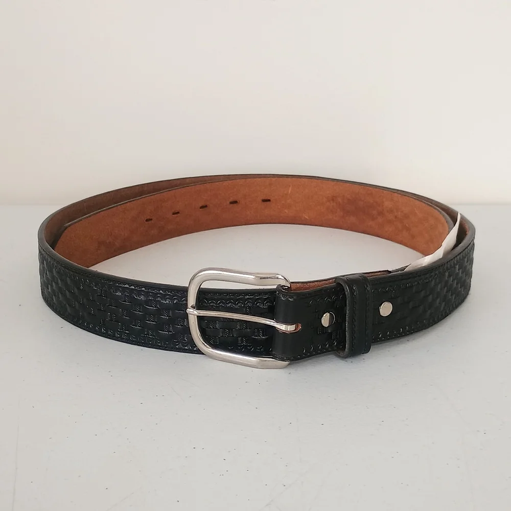 Circle Of Y Yoakum Belt Basket Weave Black Leather Size 50 Silver Buckle